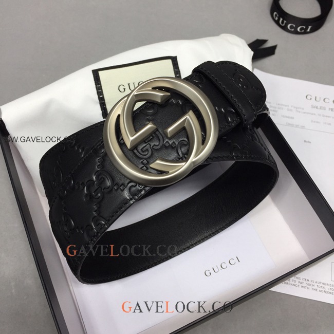Gucci Classic Monogram Belt Original Leather Silver Buckle